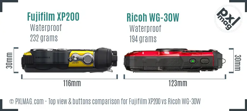 Fujifilm XP200 vs Ricoh WG-30W top view buttons comparison Fujifilm XP200 vs Ricoh WG-30W top view buttons comparison