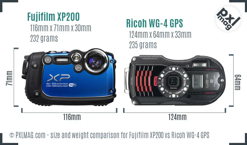 Fujifilm XP200 vs Ricoh WG-4 GPS size comparison Fujifilm XP200 vs Ricoh WG-4 GPS size comparison