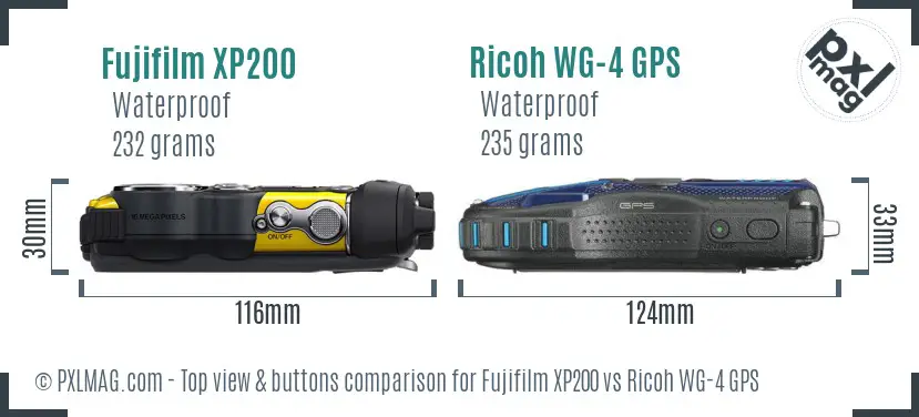 Fujifilm XP200 vs Ricoh WG-4 GPS top view buttons comparison Fujifilm XP200 vs Ricoh WG-4 GPS top view buttons comparison