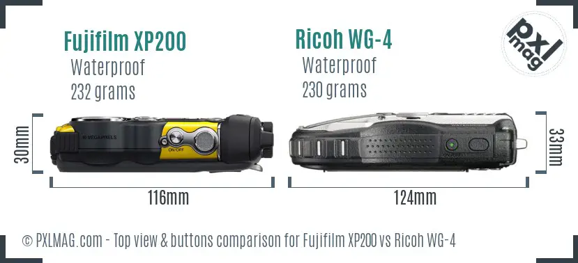 Fujifilm XP200 vs Ricoh WG-4 top view buttons comparison Fujifilm XP200 vs Ricoh WG-4 top view buttons comparison