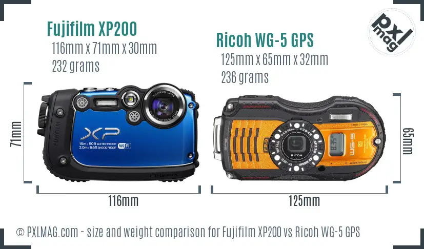 Fujifilm XP200 vs Ricoh WG-5 GPS size comparison