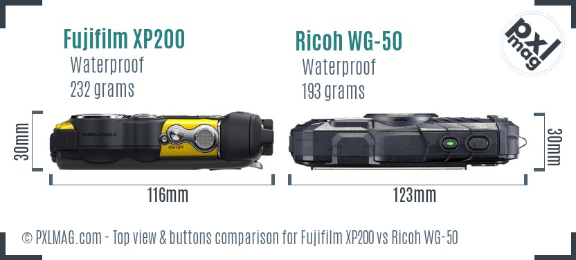 Fujifilm XP200 vs Ricoh WG-50 top view buttons comparison