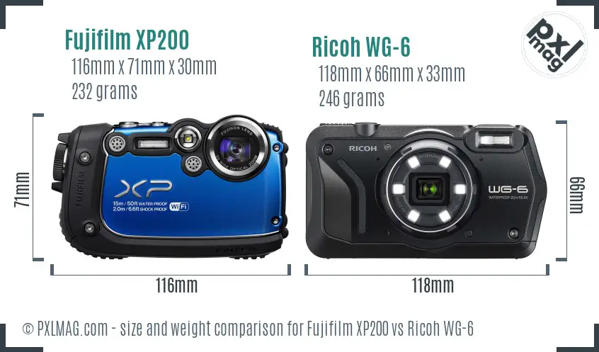 Fujifilm XP200 vs Ricoh WG-6 size comparison