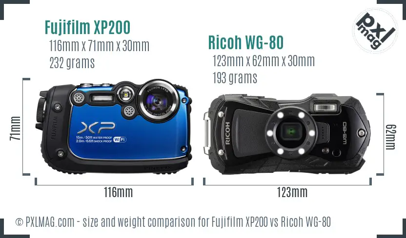 Fujifilm XP200 vs Ricoh WG-80 size comparison