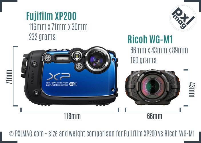 Fujifilm XP200 vs Ricoh WG-M1 size comparison