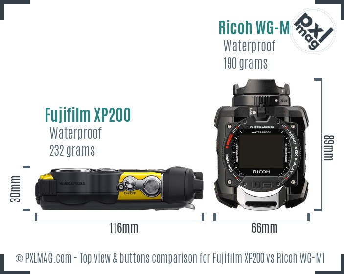 Fujifilm XP200 vs Ricoh WG-M1 top view buttons comparison