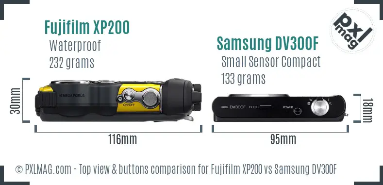 Fujifilm XP200 vs Samsung DV300F top view buttons comparison