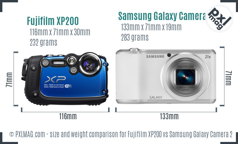 Fujifilm XP200 vs Samsung Galaxy Camera 2 size comparison