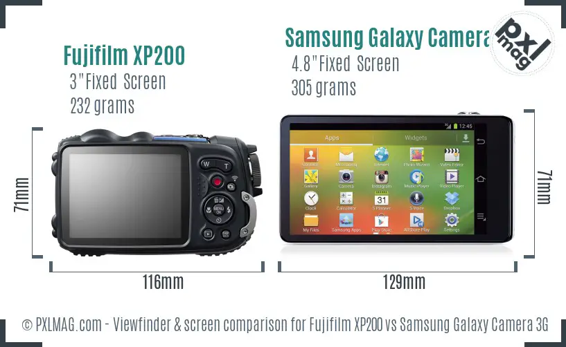 Fujifilm XP200 vs Samsung Galaxy Camera 3G Screen and Viewfinder comparison