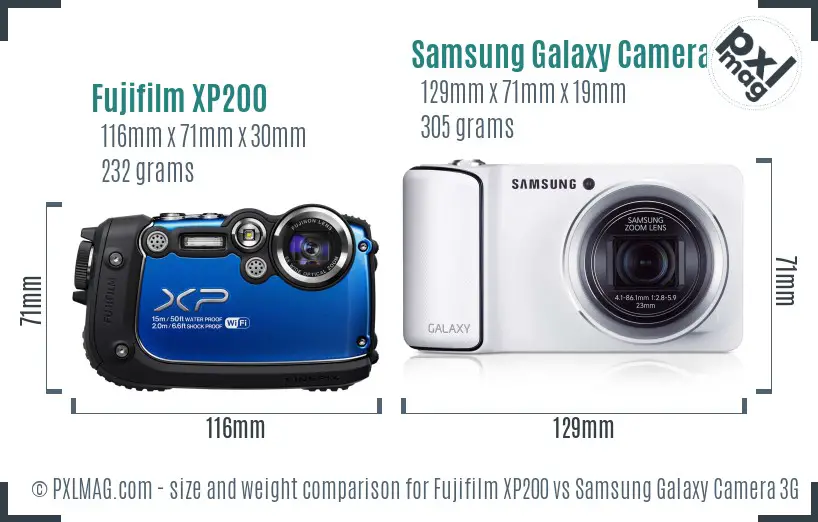 Fujifilm XP200 vs Samsung Galaxy Camera 3G size comparison