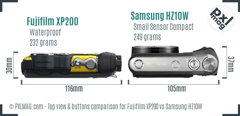 Fujifilm XP200 vs Samsung HZ10W top view buttons comparison Fujifilm XP200 vs Samsung HZ10W top view buttons comparison