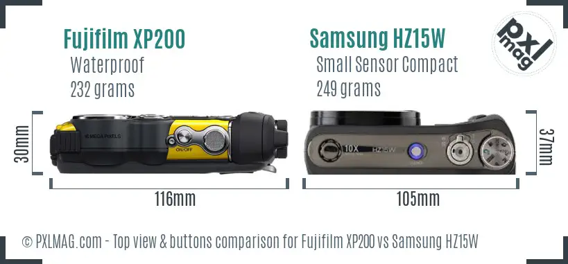 Fujifilm XP200 vs Samsung HZ15W top view buttons comparison Fujifilm XP200 vs Samsung HZ15W top view buttons comparison