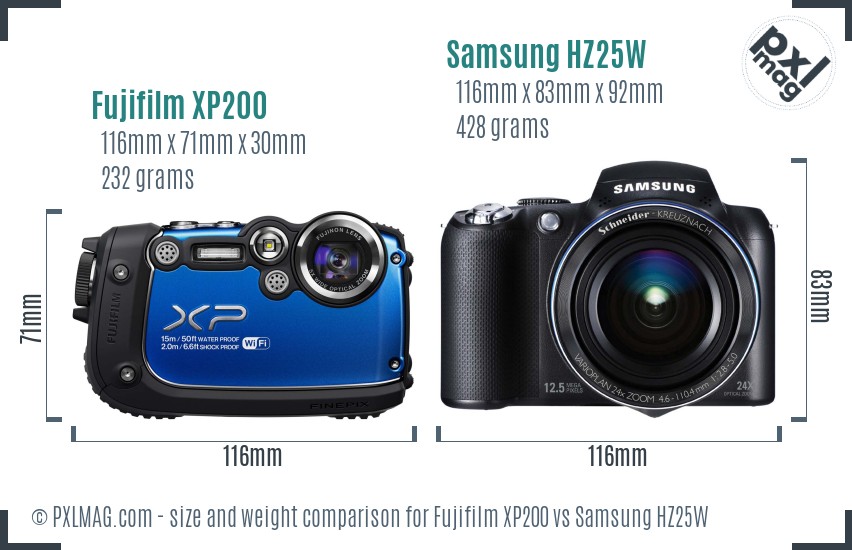 Fujifilm XP200 vs Samsung HZ25W size comparison