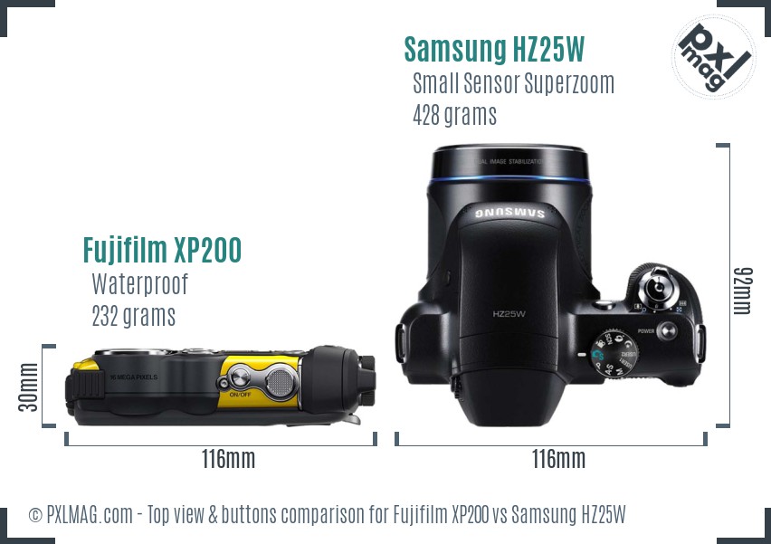 Fujifilm XP200 vs Samsung HZ25W top view buttons comparison