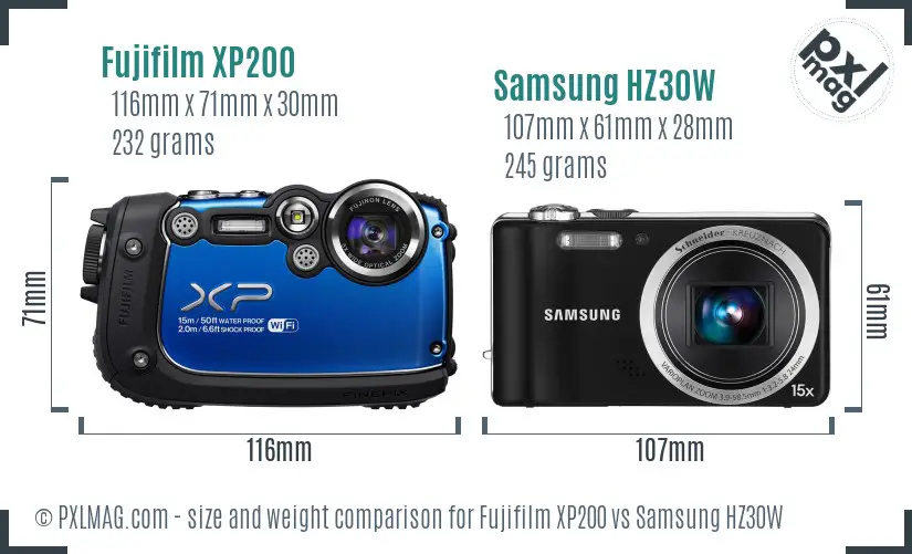 Fujifilm XP200 vs Samsung HZ30W size comparison