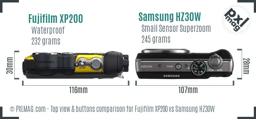 Fujifilm XP200 vs Samsung HZ30W top view buttons comparison