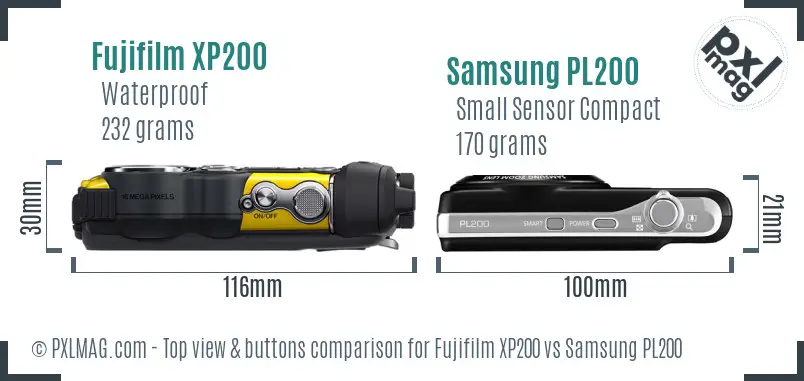 Fujifilm XP200 vs Samsung PL200 top view buttons comparison Fujifilm XP200 vs Samsung PL200 top view buttons comparison