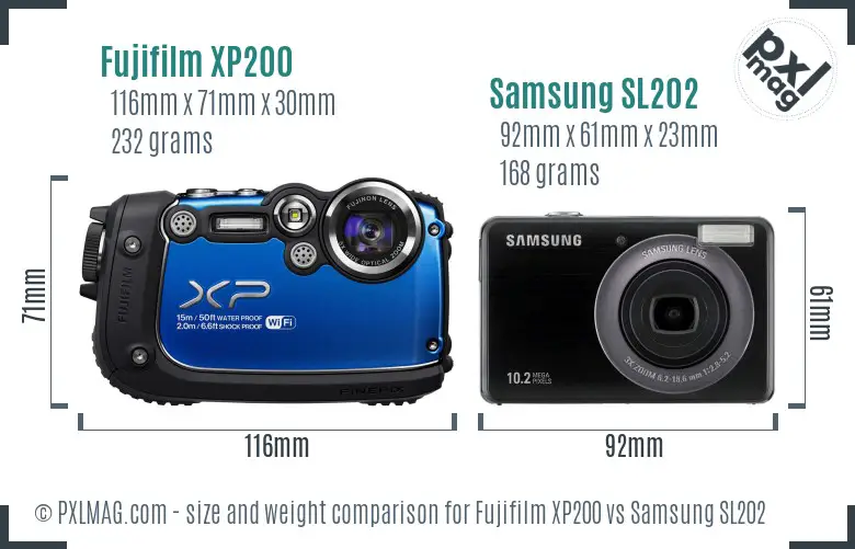 Fujifilm XP200 vs Samsung SL202 size comparison