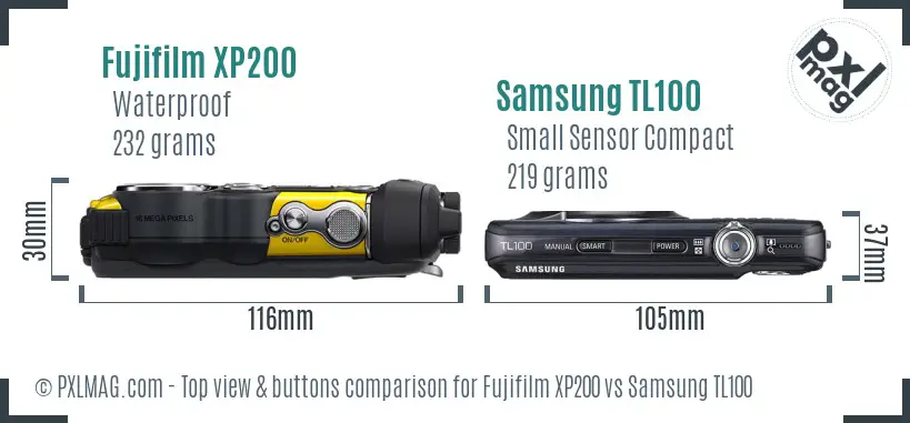 Fujifilm XP200 vs Samsung TL100 top view buttons comparison Fujifilm XP200 vs Samsung TL100 top view buttons comparison