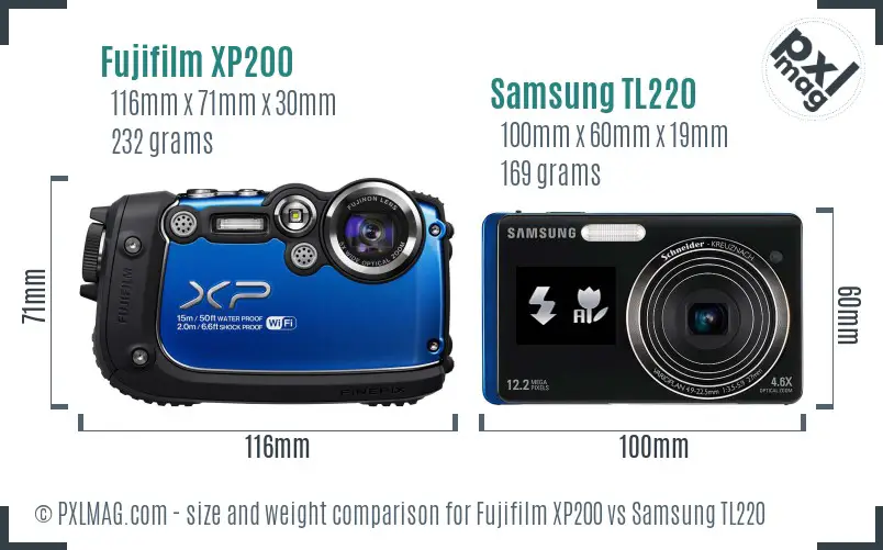 Fujifilm XP200 vs Samsung TL220 size comparison
