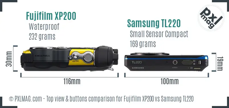 Fujifilm XP200 vs Samsung TL220 top view buttons comparison