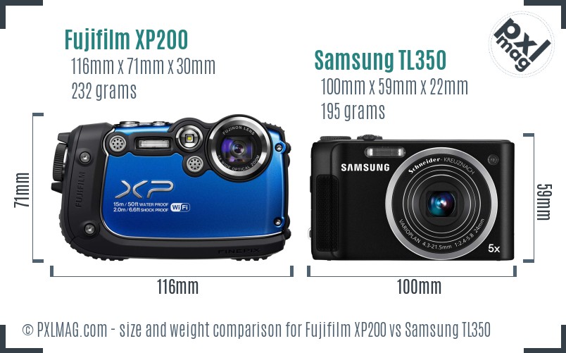 Fujifilm XP200 vs Samsung TL350 size comparison