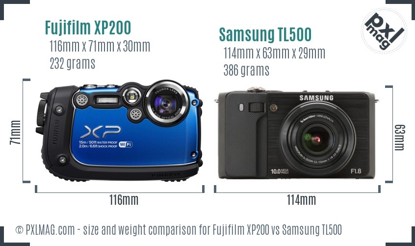 Fujifilm XP200 vs Samsung TL500 size comparison