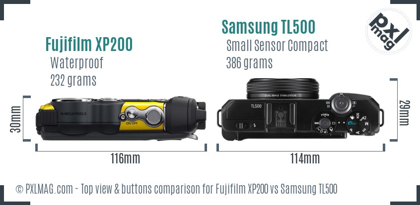 Fujifilm XP200 vs Samsung TL500 top view buttons comparison