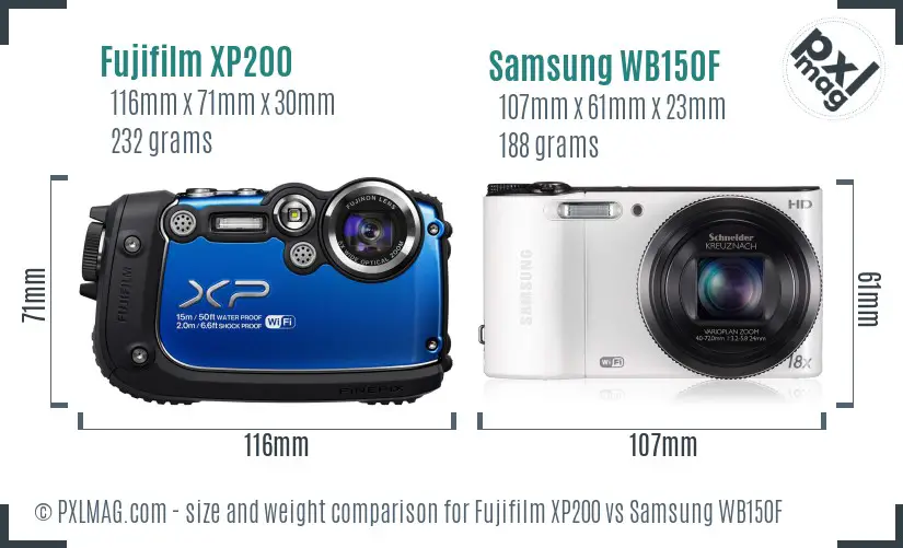 Fujifilm XP200 vs Samsung WB150F size comparison