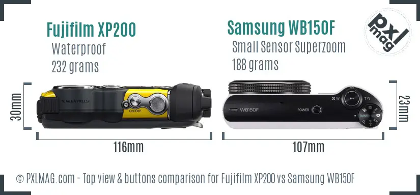 Fujifilm XP200 vs Samsung WB150F top view buttons comparison