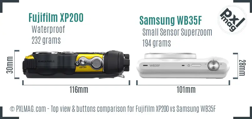 Fujifilm XP200 vs Samsung WB35F top view buttons comparison Fujifilm XP200 vs Samsung WB35F top view buttons comparison