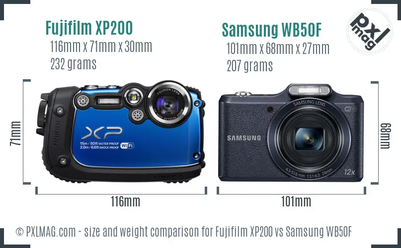 Fujifilm XP200 vs Samsung WB50F size comparison