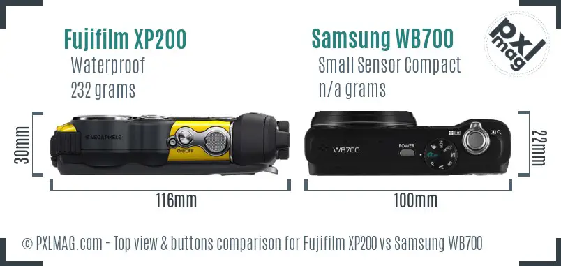 Fujifilm XP200 vs Samsung WB700 top view buttons comparison Fujifilm XP200 vs Samsung WB700 top view buttons comparison
