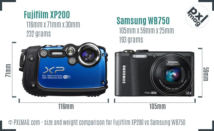 Fujifilm XP200 vs Samsung WB750 size comparison