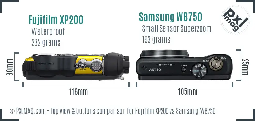 Fujifilm XP200 vs Samsung WB750 top view buttons comparison
