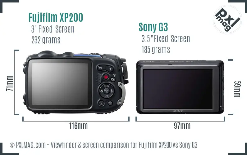 Fujifilm XP200 vs Sony G3 Screen and Viewfinder comparison