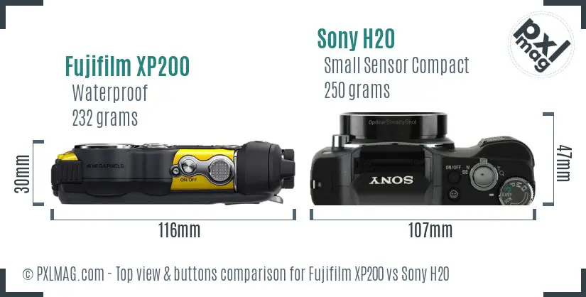 Fujifilm XP200 vs Sony H20 top view buttons comparison