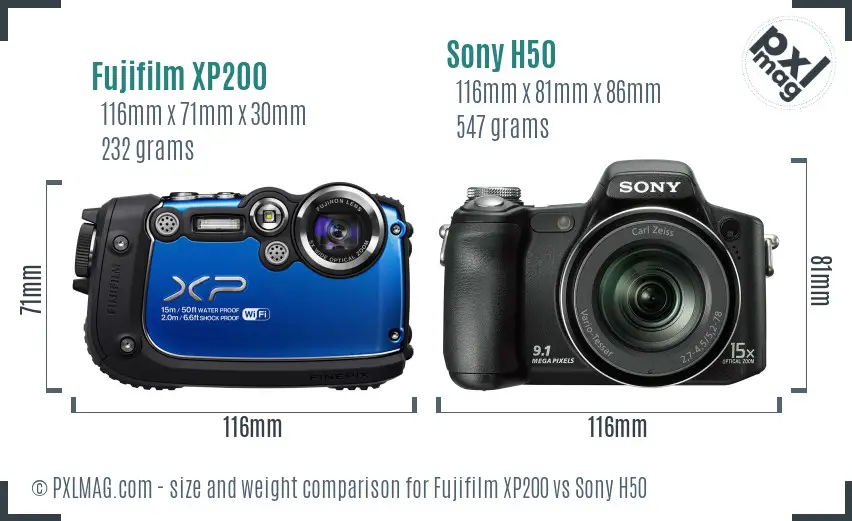 Fujifilm XP200 vs Sony H50 size comparison