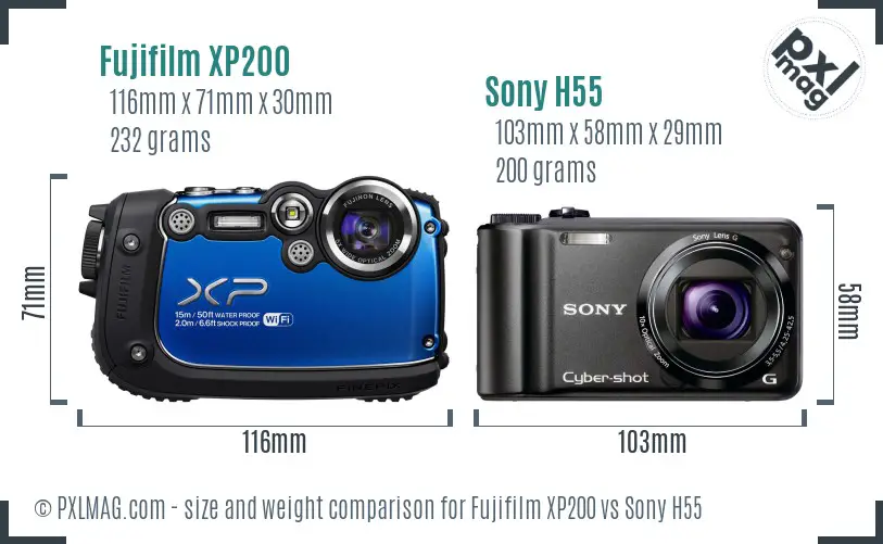 Fujifilm XP200 vs Sony H55 size comparison