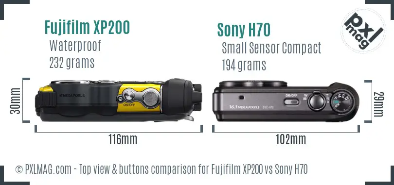 Fujifilm XP200 vs Sony H70 top view buttons comparison Fujifilm XP200 vs Sony H70 top view buttons comparison