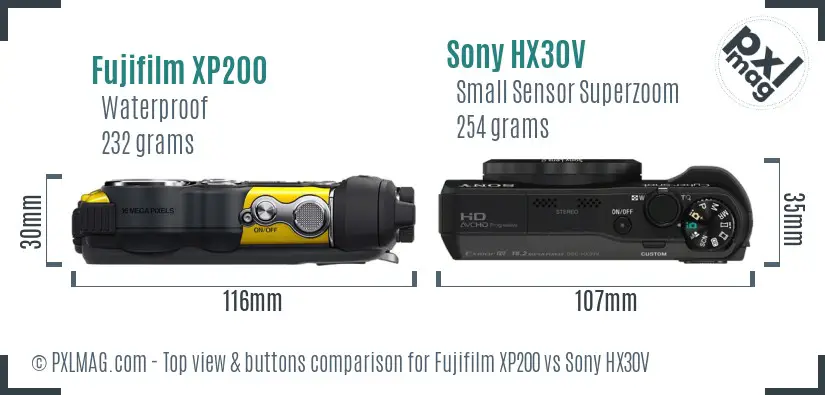 Fujifilm XP200 vs Sony HX30V top view buttons comparison Fujifilm XP200 vs Sony HX30V top view buttons comparison