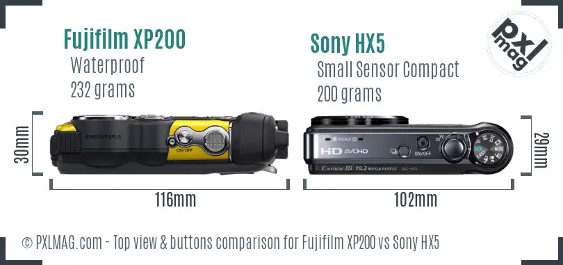 Fujifilm XP200 vs Sony HX5 top view buttons comparison Fujifilm XP200 vs Sony HX5 top view buttons comparison