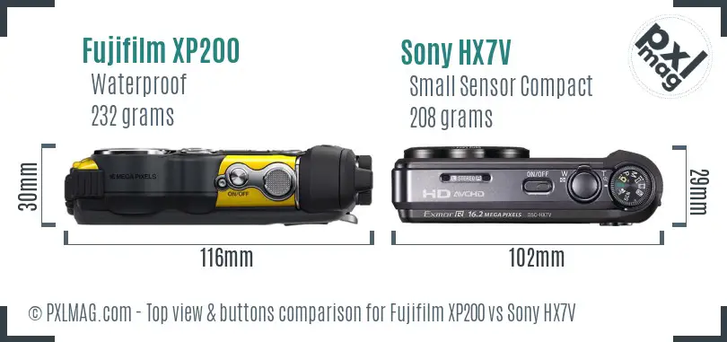 Fujifilm XP200 vs Sony HX7V top view buttons comparison Fujifilm XP200 vs Sony HX7V top view buttons comparison