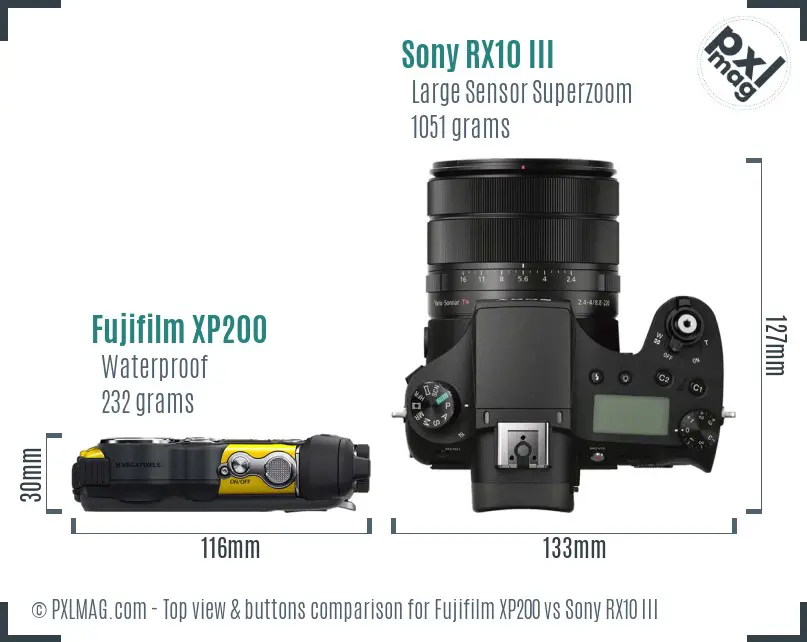 Fujifilm XP200 vs Sony RX10 III top view buttons comparison