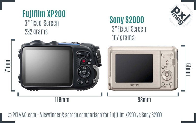 Fujifilm XP200 vs Sony S2000 Screen and Viewfinder comparison