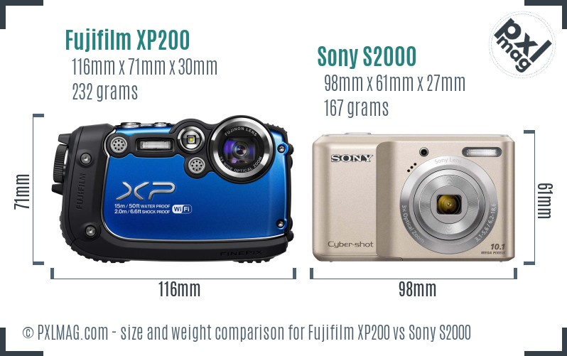 Fujifilm XP200 vs Sony S2000 size comparison