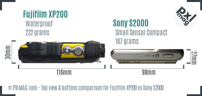 Fujifilm XP200 vs Sony S2000 top view buttons comparison