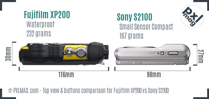 Fujifilm XP200 vs Sony S2100 top view buttons comparison