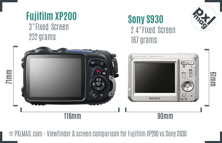Fujifilm XP200 vs Sony S930 Screen and Viewfinder comparison