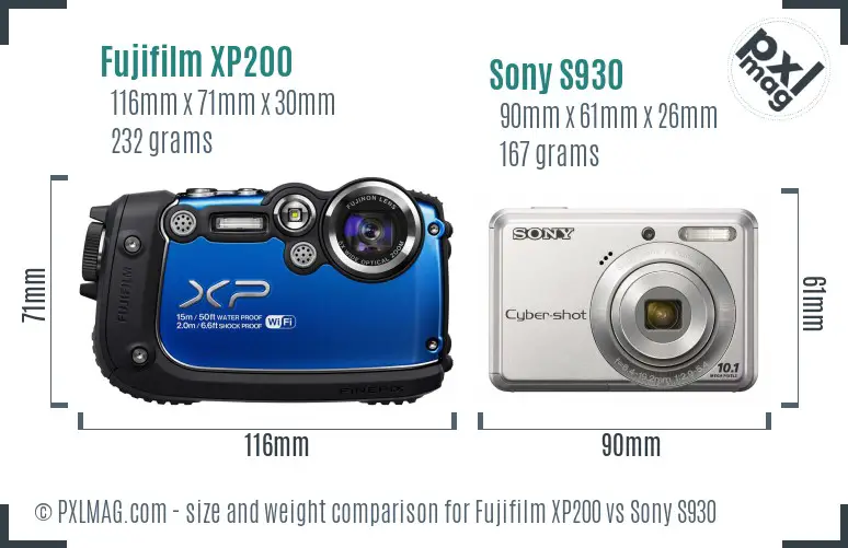 Fujifilm XP200 vs Sony S930 size comparison